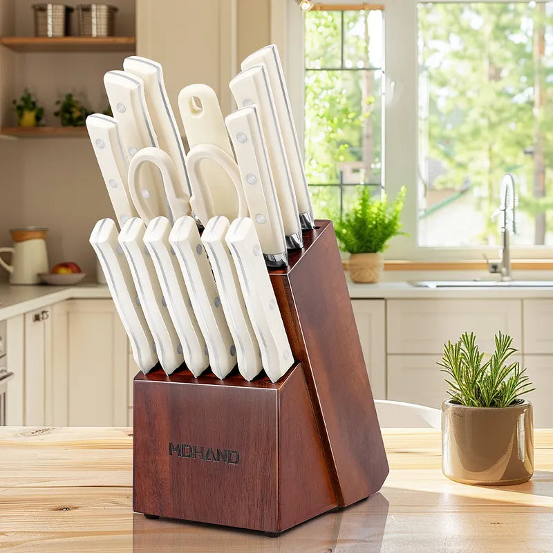 14 Piece Kitchen Knife Set White ABS Handle with Wooden Block – MDHAND