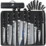 MDHAND Chef Knife Set with Roll Bag, 9PCS Professional Knife Set with Sharpener, High Carbon Stainless Steel Japanese Kitchen Knife Set - Forged Triple Rivet Handle, Dishwasher Safe, Chef Gifts, Black