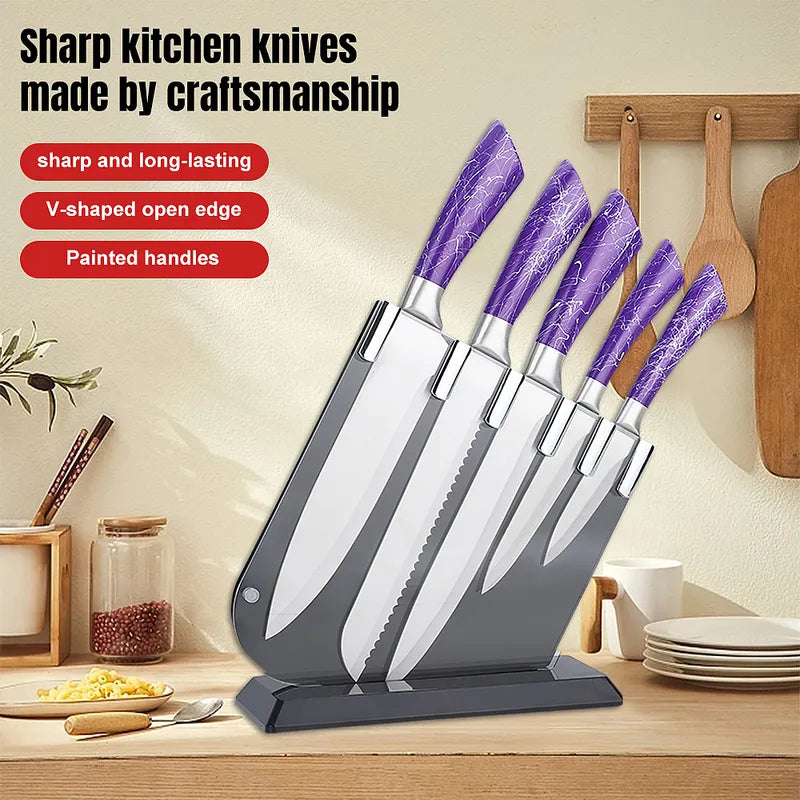 6-teiliges Edelstahl-Küchenmesser-Set, lila Griffblock – MDHAND