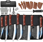 MDHAND Butcher Knife Set, 14PCS Hand Forged Professional Chef Knife Set with Roll Bag, Sharp Meat Cleaver Knife & Bone Chopper Knives & Fillet Knife for Home Kitchen & Camping BBQ, Gifts for Men Women