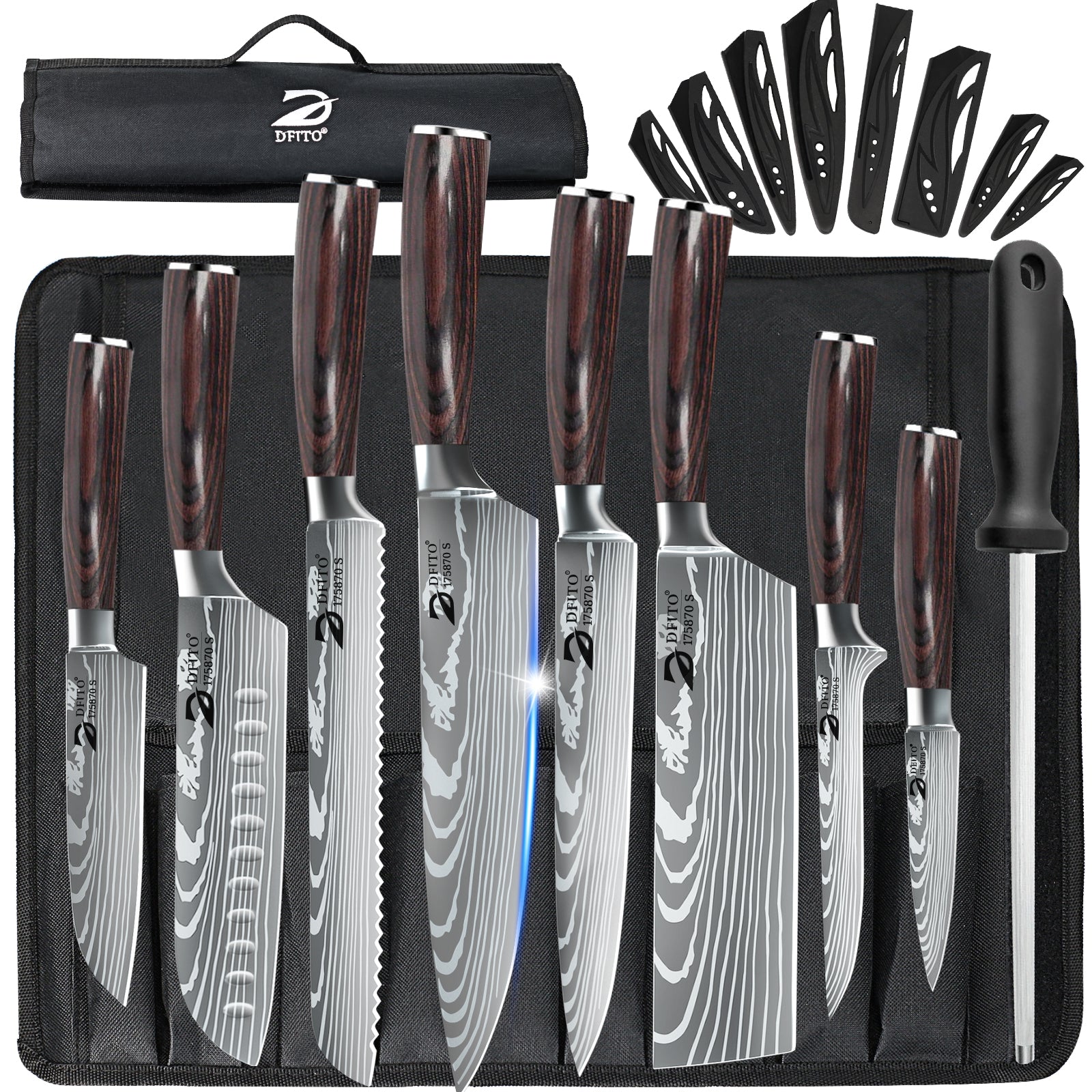 8-Piece Laser Etched Butcher Knife Set with Red Pakkawood Handle & Nylon Bag