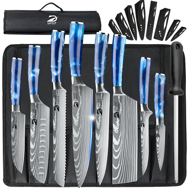 Chef Knife Sets with Roll Bag, 9 Pieces Professional Knife Set, High Carbon Stainless Steel Kitchen Chef Knife Set, Blue Resin Handle, Dishwasher Safe