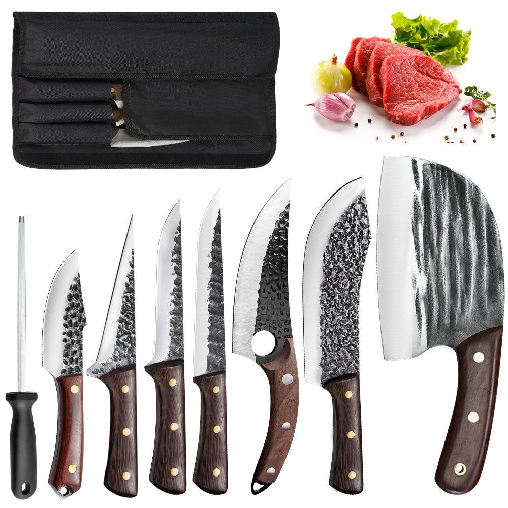 8-Piece Hammered Butcher Knife Set with Nylon Roll Bag
