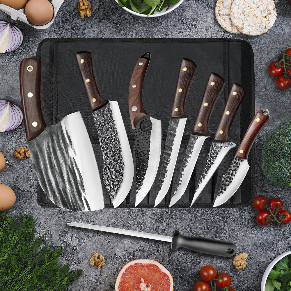 8-Piece Hammered Butcher Knife Set with Nylon Roll Bag