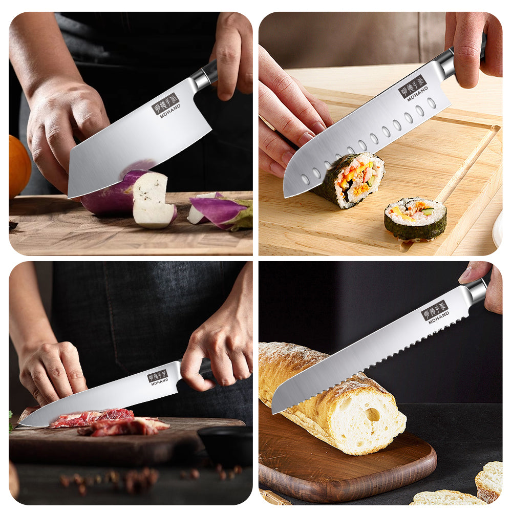 10-Piece Satin Finish Butcher Knife Set with Black Pakkawood Straight Handle & Nylon Bag