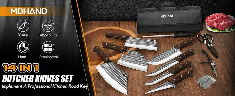 MDHAND 14PCS Hand Forged Butcher Knife Set | High Carbon Steel with Roll Bag