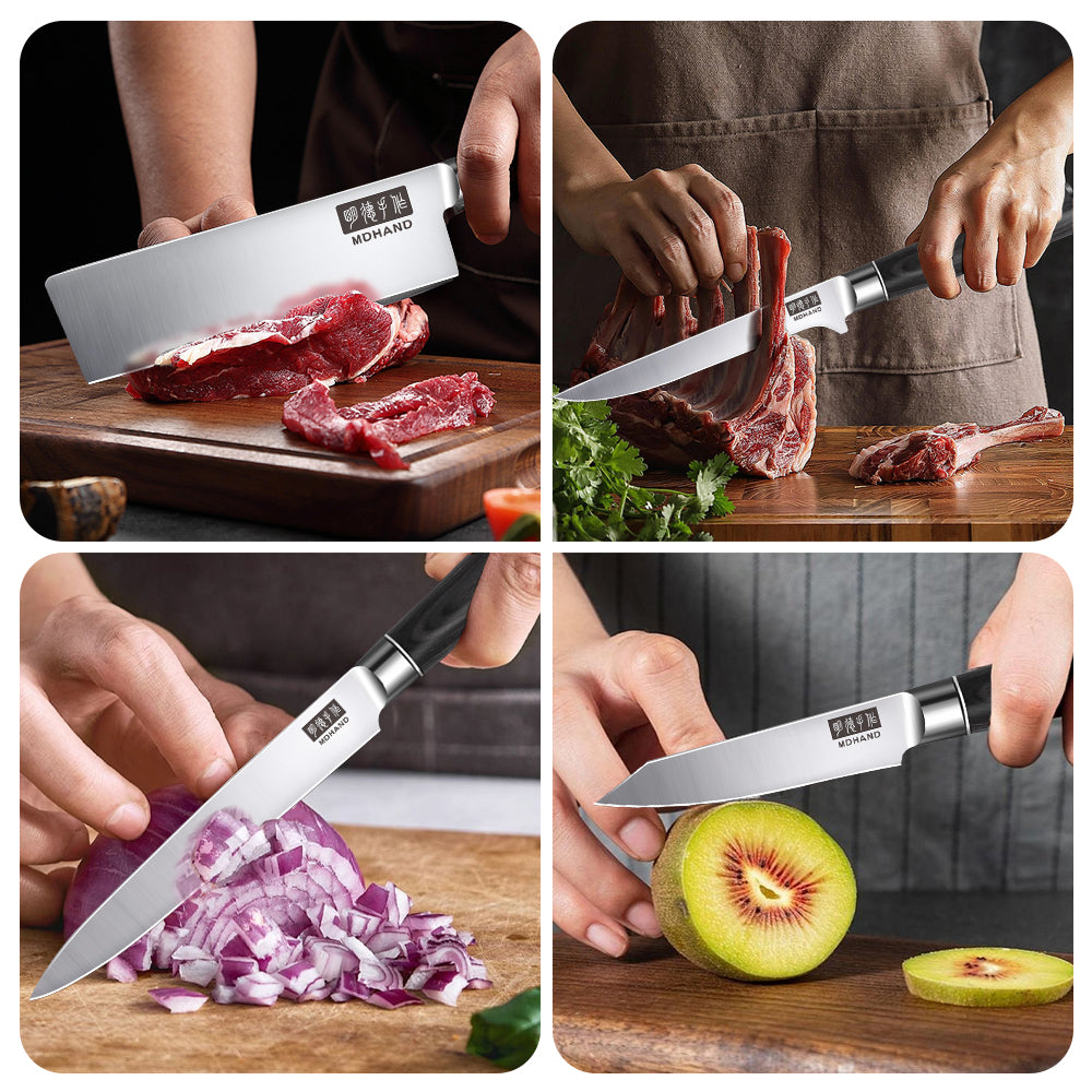 10-Piece Satin Finish Butcher Knife Set with Black Pakkawood Straight Handle & Nylon Bag