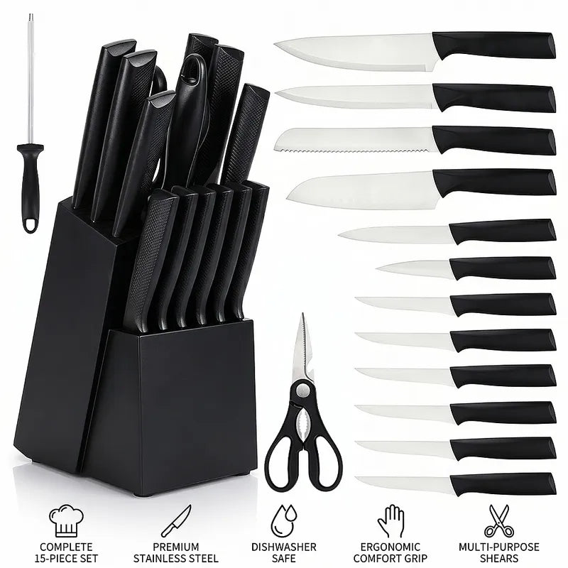 15 Piece Kitchen Knife Set MDHAND Stainless Steel with Block Shears