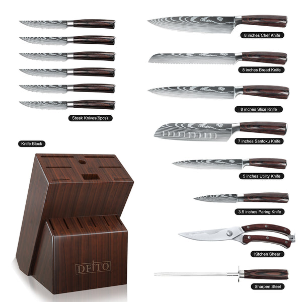 Kitchen Knife Set, 15 Pieces Knife Set with Block and Sharpener, High Carbon Stainless Steel Knives Set for Kitchen with Red Pakkawood Handle, Razor Sharp Knife Block Set, Dishwasher Safe