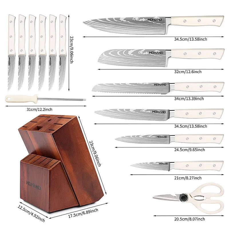 14 Piece Kitchen Knife Set White ABS Handle with Wooden Block
