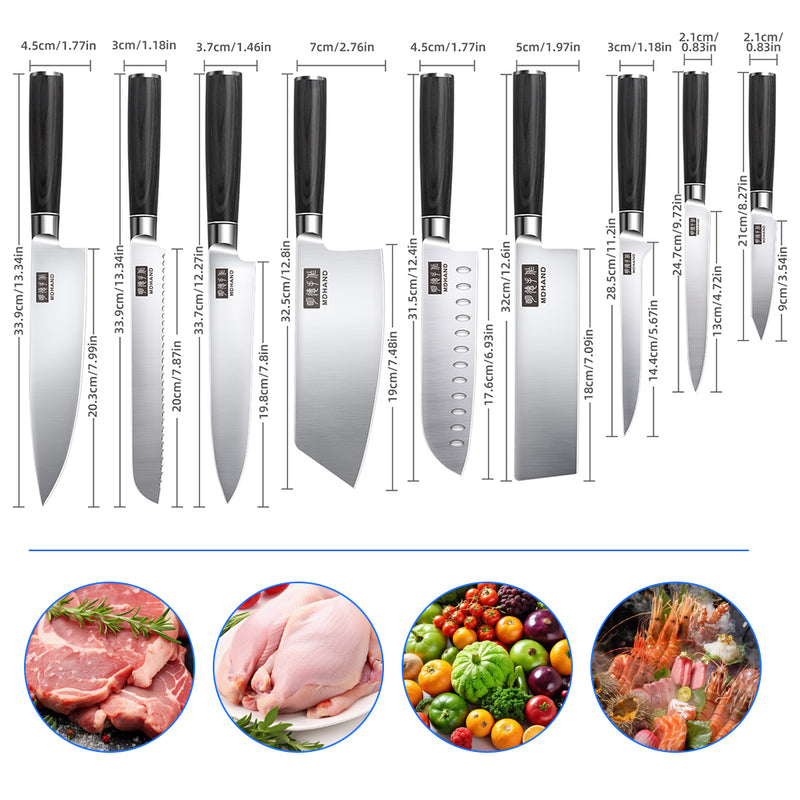MDHAND Chef Knife Set with Roll Bag, 10PCS Professional Knife Set with Sharpener, High Carbon Stainless Steel Japanese Kitchen Knives, Dishwasher Safe, For Cooking, Chef Gifts
