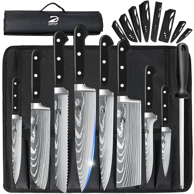 MDHAND Chef Knife Set with Roll Bag, 9PCS Professional Knife Set with Sharpener, High Carbon Stainless Steel Japanese Kitchen Knife Set - Forged Triple Rivet Handle, Dishwasher Safe, Chef Gifts, Black