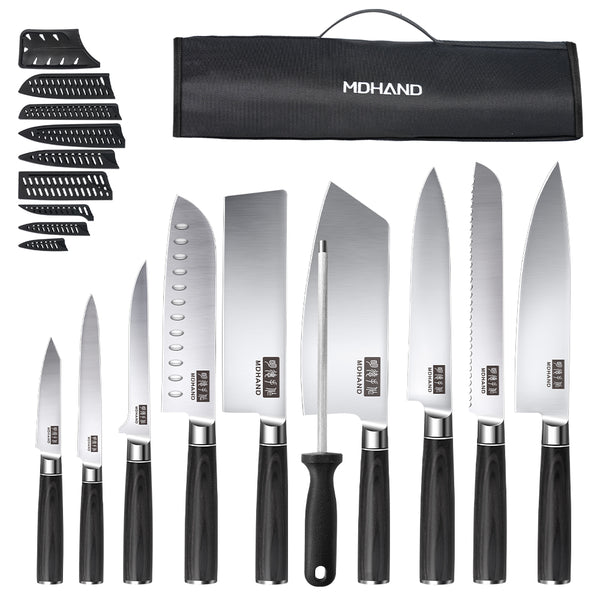 MDHAND Chef Knife Set with Roll Bag, 10PCS Professional Knife Set with Sharpener, High Carbon Stainless Steel Japanese Kitchen Knives, Dishwasher Safe, For Cooking, Chef Gifts