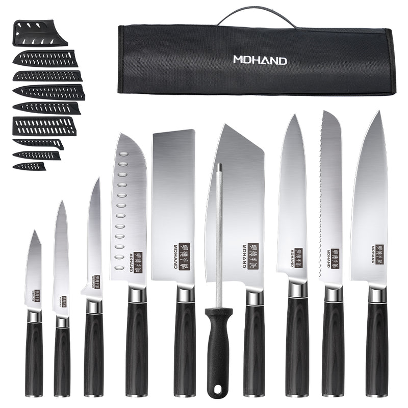 MDHAND Chef Knife Set with Roll Bag, 10PCS Professional Knife Set with Sharpener, High Carbon Stainless Steel Japanese Kitchen Knives, Dishwasher Safe, For Cooking, Chef Gifts