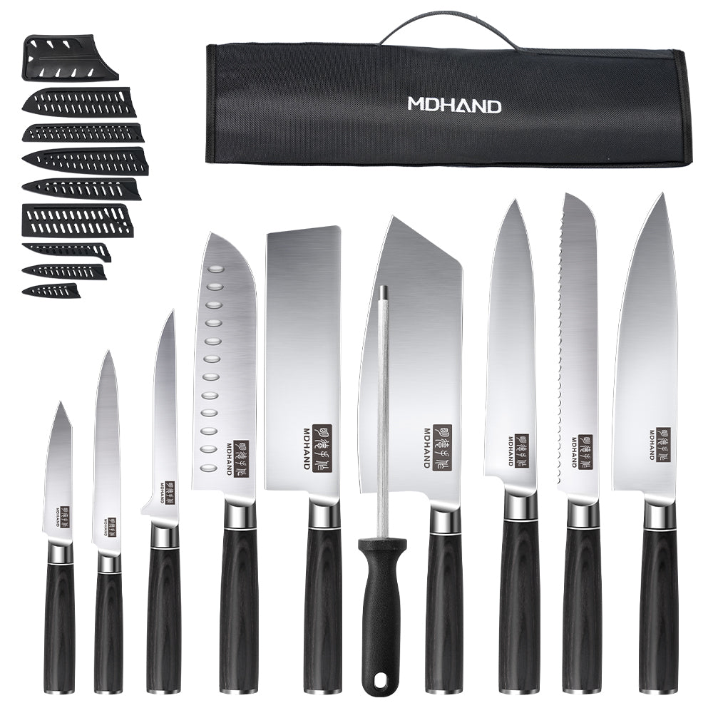 10-Piece Satin Finish Butcher Knife Set with Black Pakkawood Straight Handle & Nylon Bag
