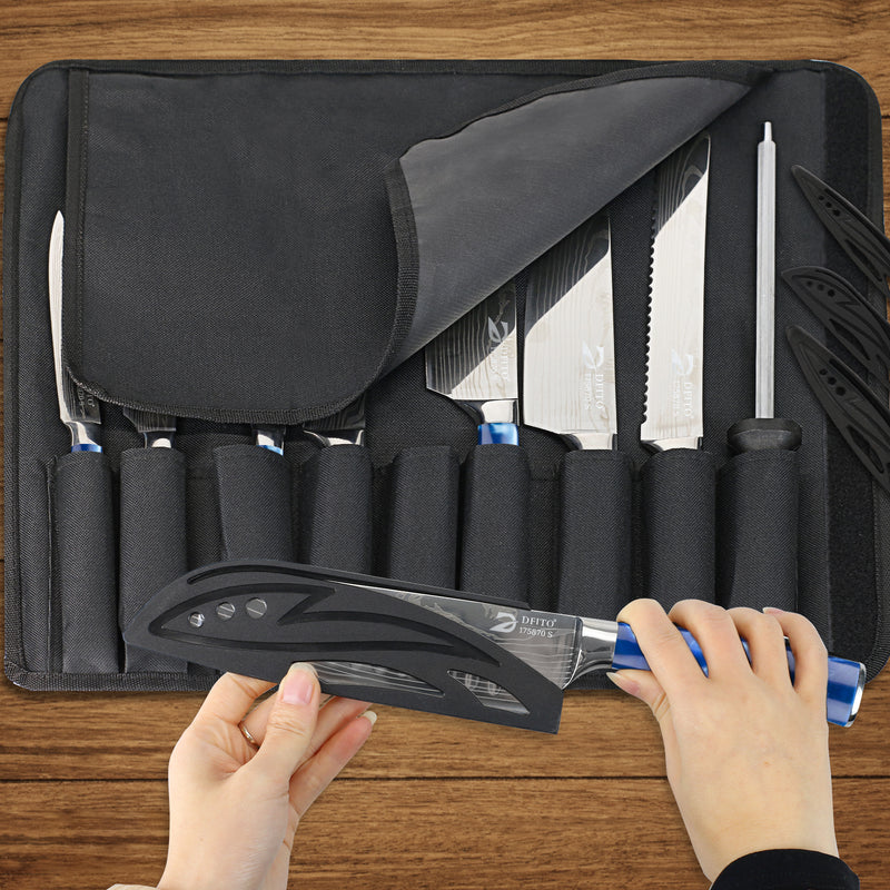 Chef Knife Sets with Roll Bag, 9 Pieces Professional Knife Set, High Carbon Stainless Steel Kitchen Chef Knife Set, Blue Resin Handle, Dishwasher Safe