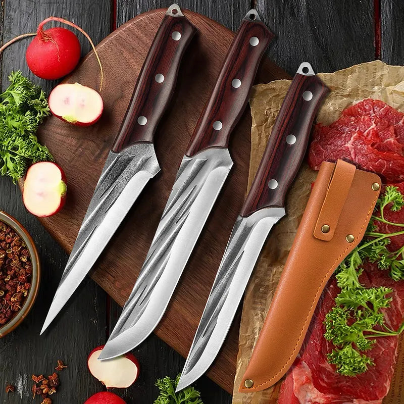 3 Piece Forged Butcher Knife Set Boning Slaughter Knives Sheath