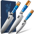 3 Piece Damascus Chef Knife Set Resin Wood Handle Gift Box