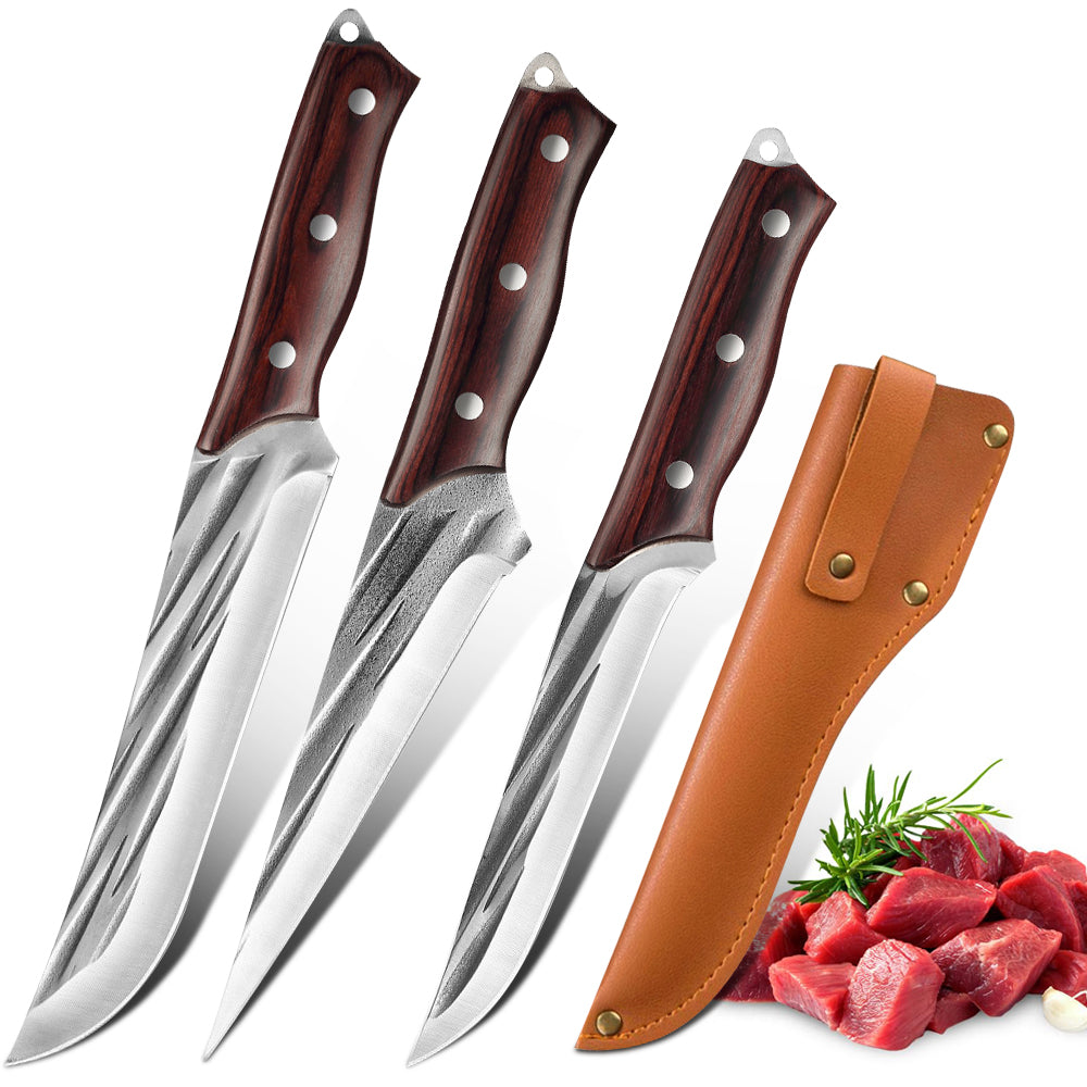 3 Piece Forged Butcher Knife Set Boning Slaughter Knives Sheath