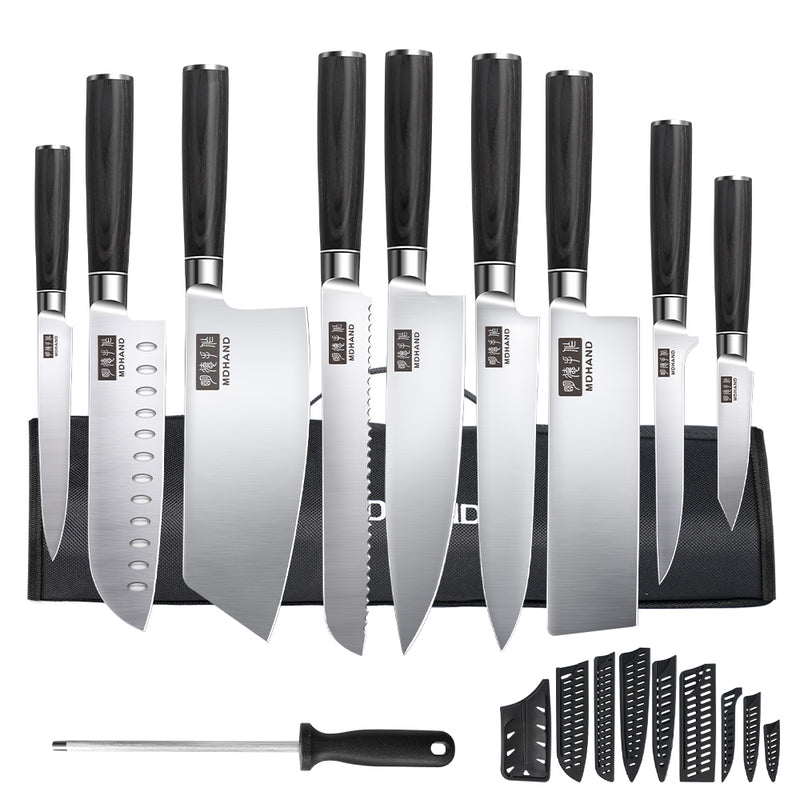 MDHAND Chef Knife Set with Roll Bag, 10PCS Professional Knife Set with Sharpener, High Carbon Stainless Steel Japanese Kitchen Knives, Dishwasher Safe, For Cooking, Chef Gifts