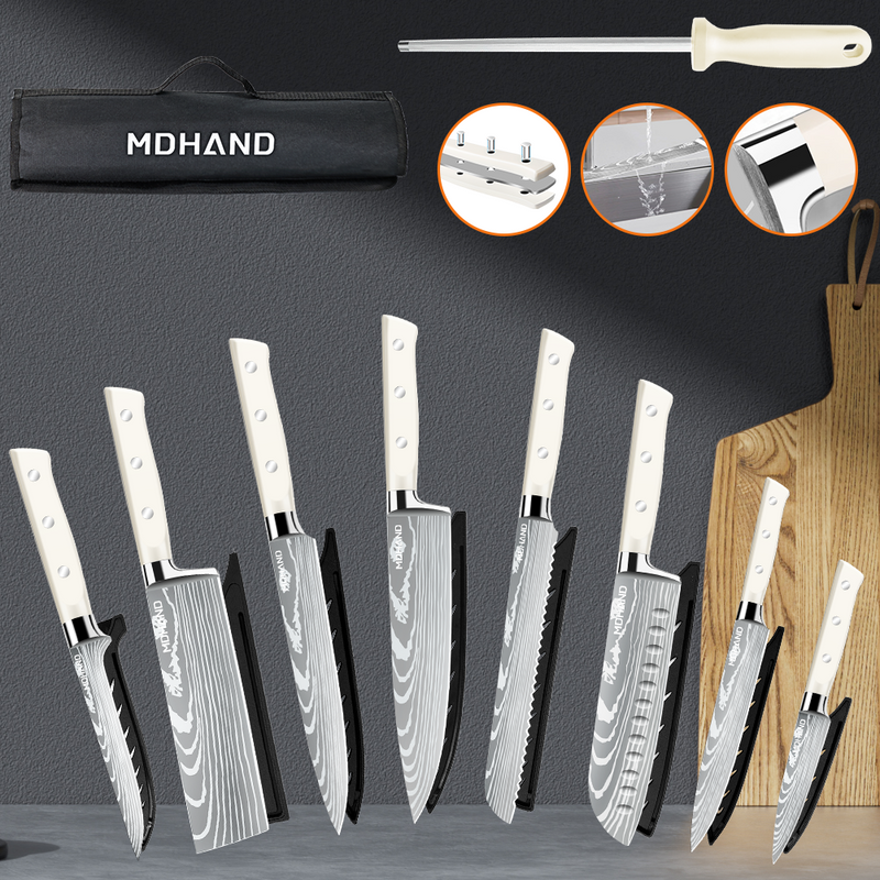 MDHAND Chef Knife Set with Roll Bag, 9PCS Professional Knife Set with Sharpener, High Carbon Stainless Steel Japanese Kitchen Knife Set - Forged Triple Rivet Handle, Dishwasher Safe, Chef Gifts, Black