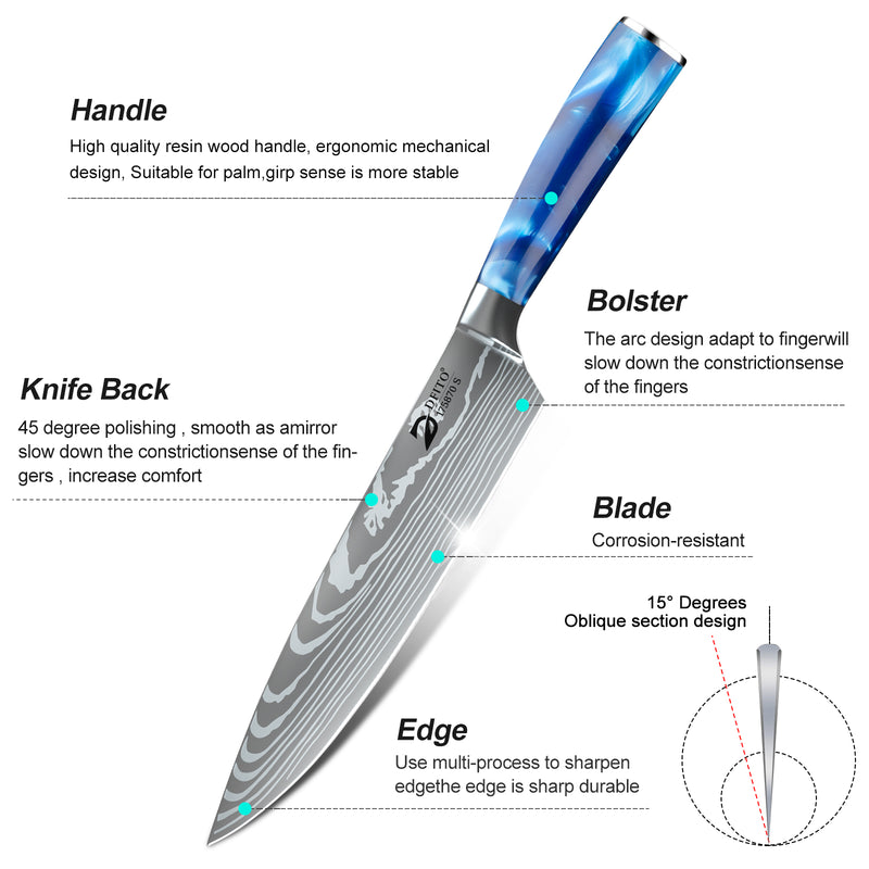 Chef Knife Sets with Roll Bag, 9 Pieces Professional Knife Set, High Carbon Stainless Steel Kitchen Chef Knife Set, Blue Resin Handle, Dishwasher Safe