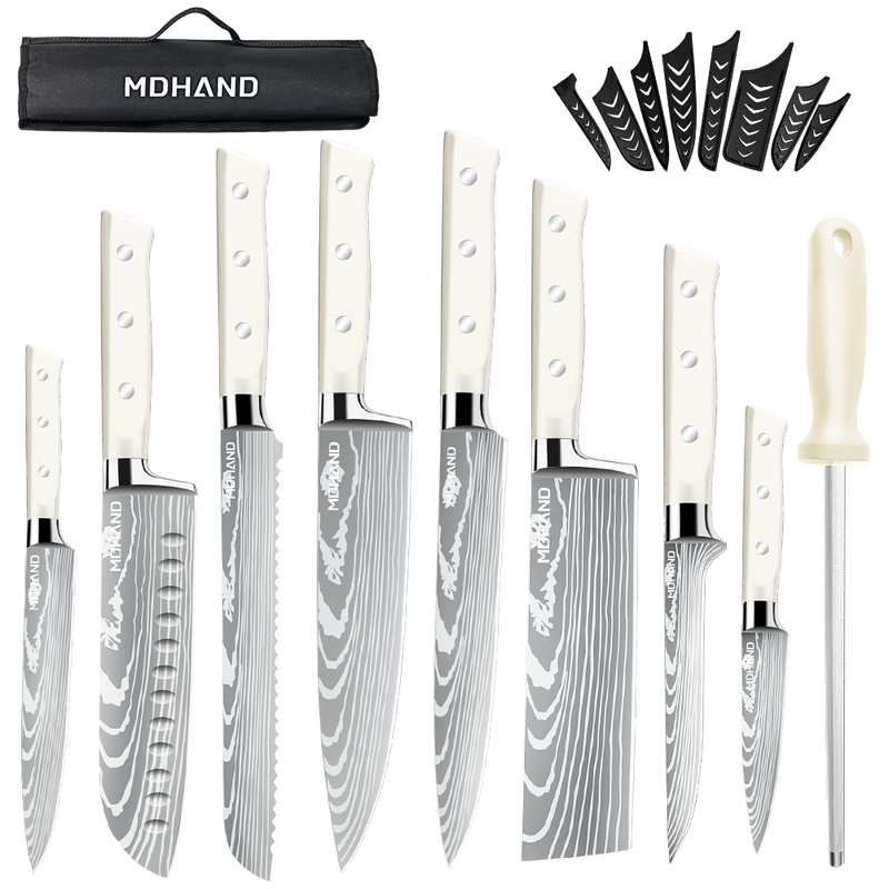 MDHAND Chef Knife Set with Roll Bag, 9PCS Professional Knife Set with Sharpener, High Carbon Stainless Steel Japanese Kitchen Knife Set - Forged Triple Rivet Handle, Dishwasher Safe, Chef Gifts, Black