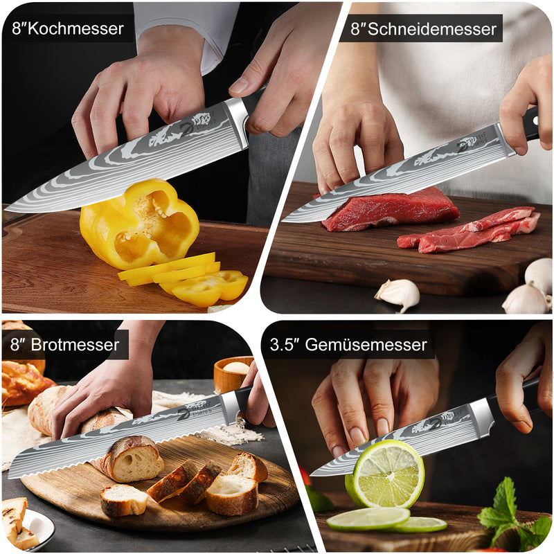 MDHAND Chef Knife Set with Roll Bag, 9PCS Professional Knife Set with Sharpener, High Carbon Stainless Steel Japanese Kitchen Knife Set - Forged Triple Rivet Handle, Dishwasher Safe, Chef Gifts, Black