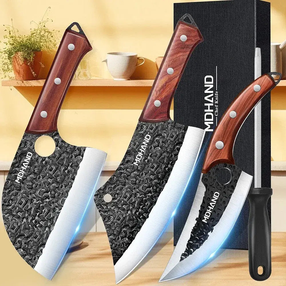 MDHAND 4-Piece Forged Butcher Chef Knife Set | Meat Cleaver for Camping BBQ