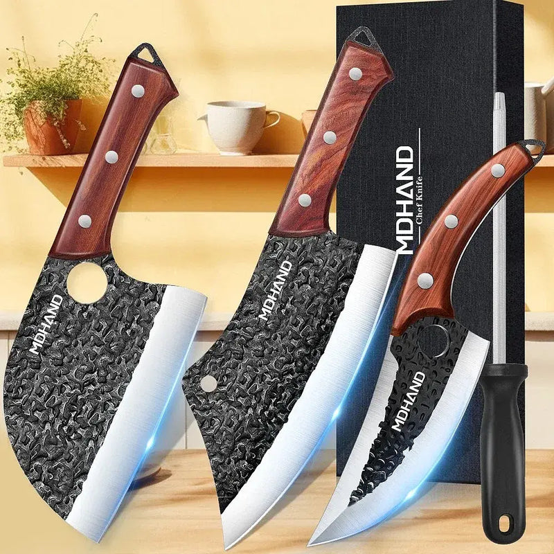 MDHAND 4-Piece Forged Butcher Chef Knife Set | Meat Cleaver for Camping BBQ
