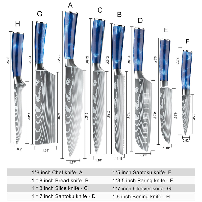Chef Knife Sets with Roll Bag, 9 Pieces Professional Knife Set, High Carbon Stainless Steel Kitchen Chef Knife Set, Blue Resin Handle, Dishwasher Safe