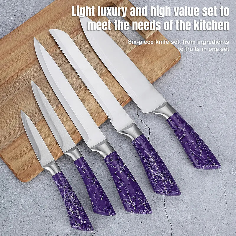 6-Piece Stainless Steel Kitchen Knife Set Purple Handle Block