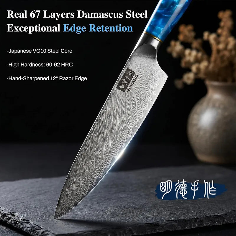 3 Piece Damascus Chef Knife Set Resin Wood Handle Gift Box