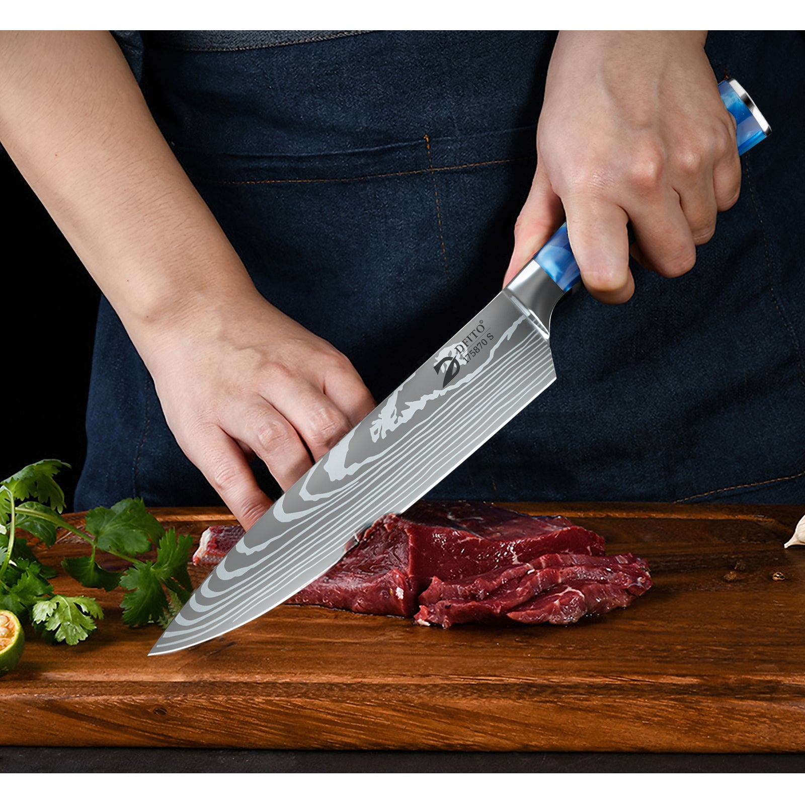 8-Piece Butcher Knife Set with Blue Resin Handle & Nylon Roll Bag