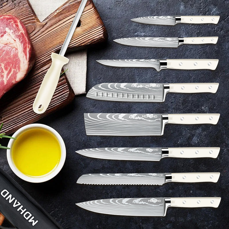 MDHAND Chef Knife Set with Roll Bag, 9PCS Professional Knife Set with Sharpener, High Carbon Stainless Steel Japanese Kitchen Knife Set - Forged Triple Rivet Handle, Dishwasher Safe, Chef Gifts, Black