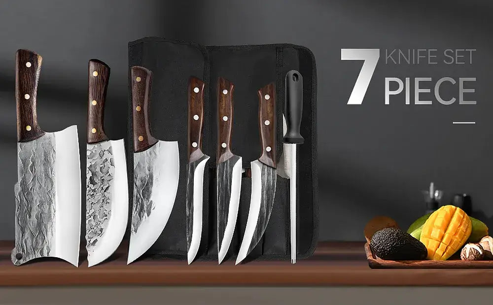 MDHAND 7-Piece Handmade Damascus Kitchen Knife Set | Meat Cleaver Boning Knife