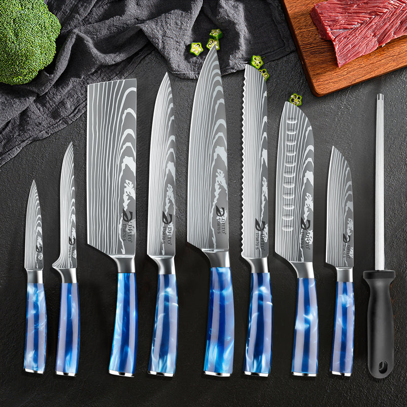 Chef Knife Sets with Roll Bag, 9 Pieces Professional Knife Set, High Carbon Stainless Steel Kitchen Chef Knife Set, Blue Resin Handle, Dishwasher Safe