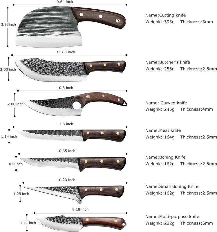 MDHAND 8PCS Hand Forged Butcher Knife Set | High Carbon Steel with Roll Bag