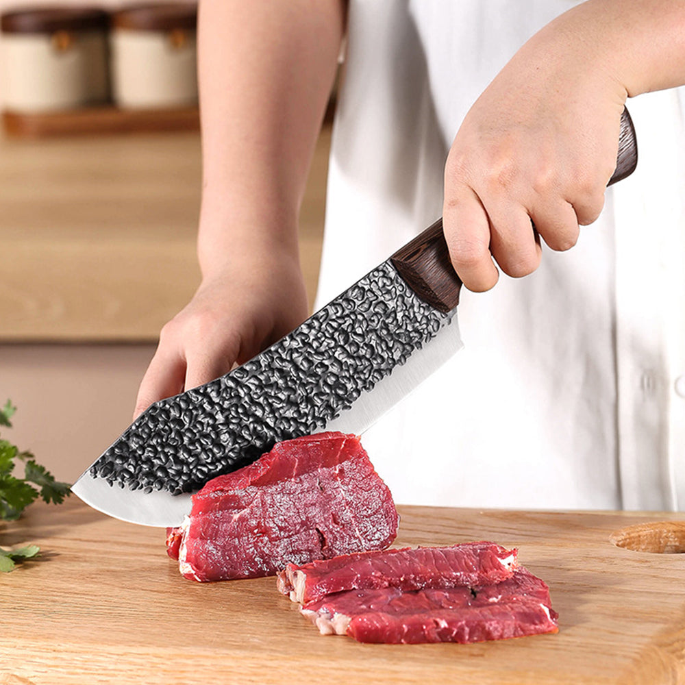8-Piece Hammered Butcher Knife Set with Nylon Roll Bag