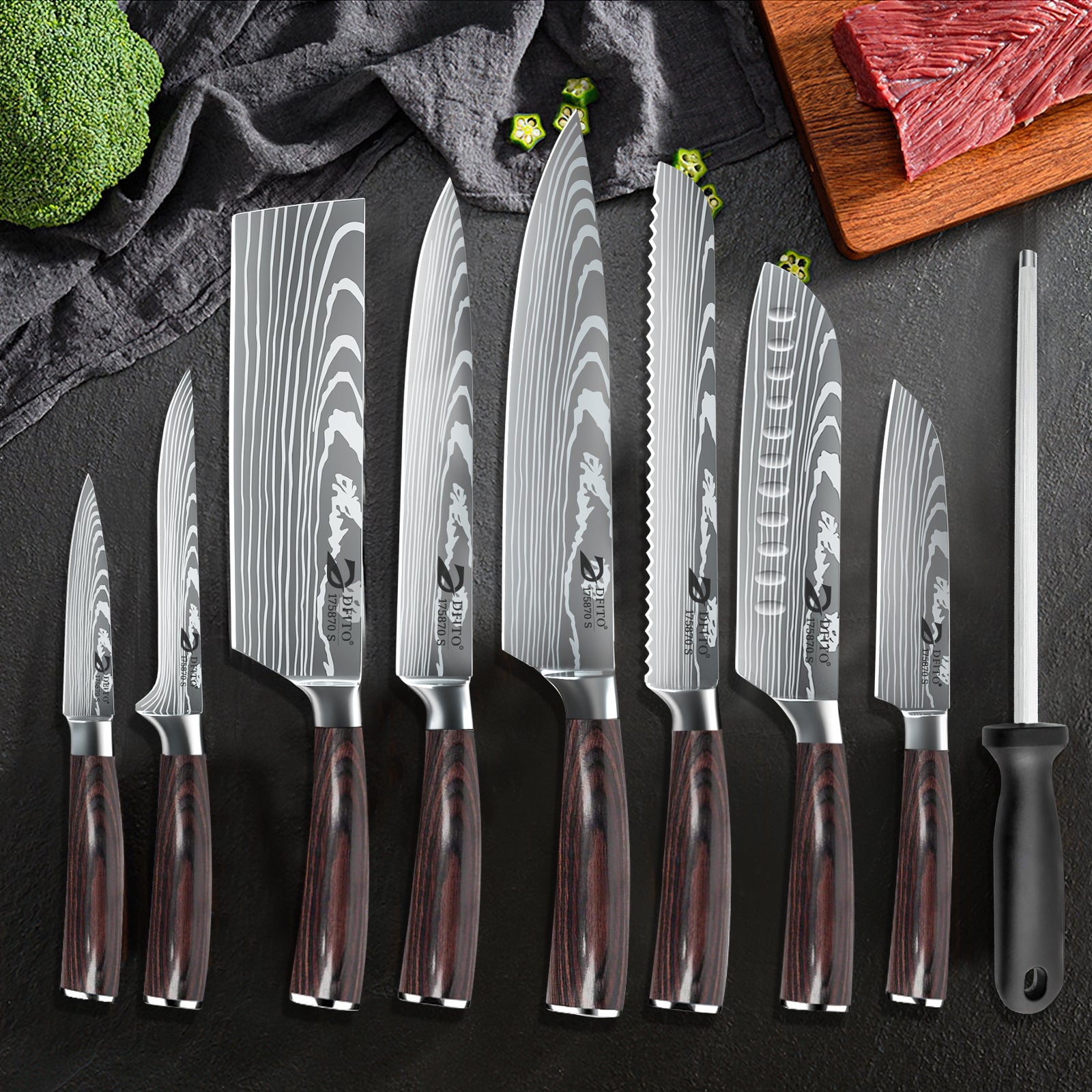 8-Piece Laser Etched Butcher Knife Set with Red Pakkawood Handle & Nylon Bag
