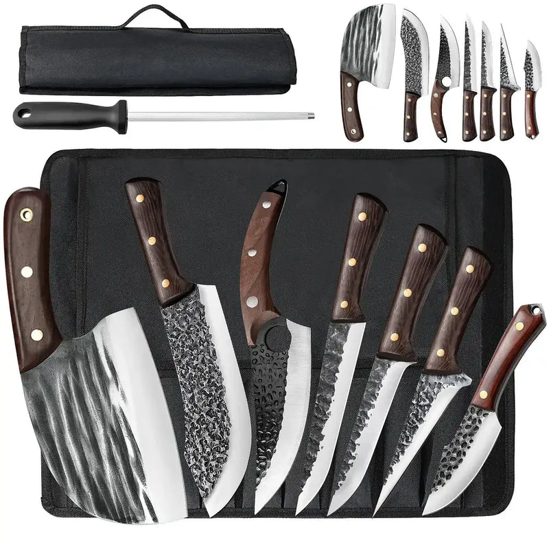 MDHAND 8PCS Hand Forged Butcher Knife Set | High Carbon Steel with Roll Bag