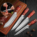 Four-piece butcher knife set with wood-grain-look handles