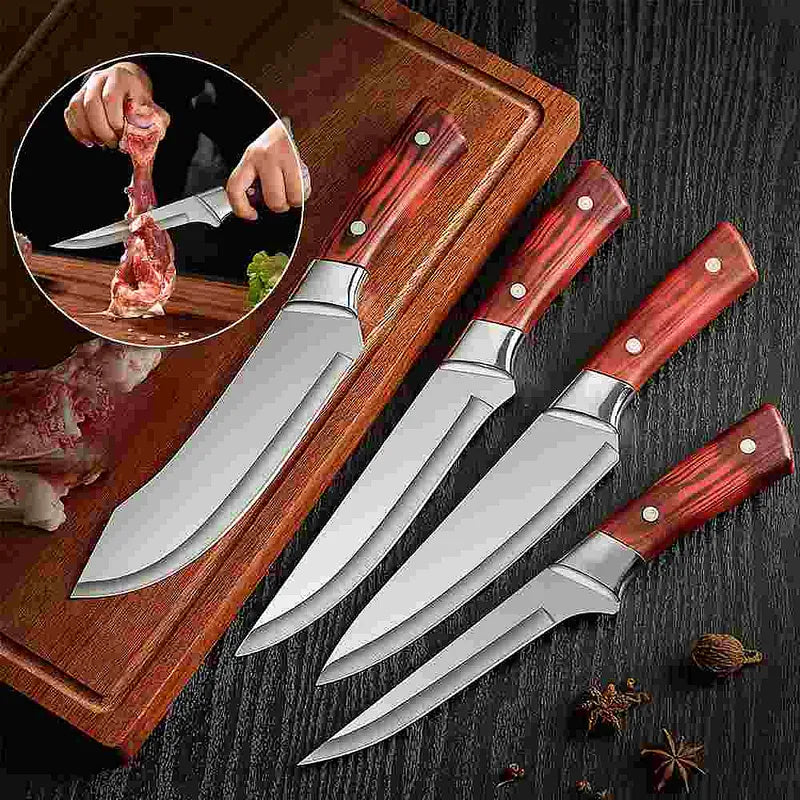 Four-piece butcher knife set with wood-grain-look handles