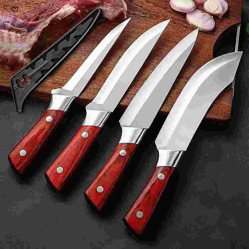 Four kitchen knives with wood-grain-look handles and protective sheath