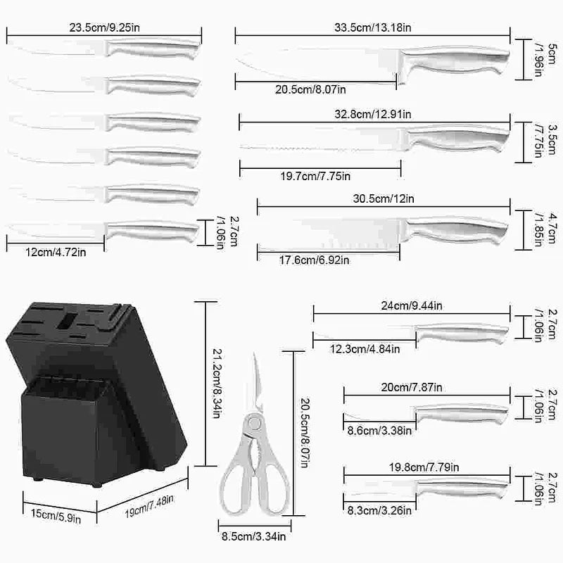 Black 14-Piece Kitchen Knife Set with Sharpener