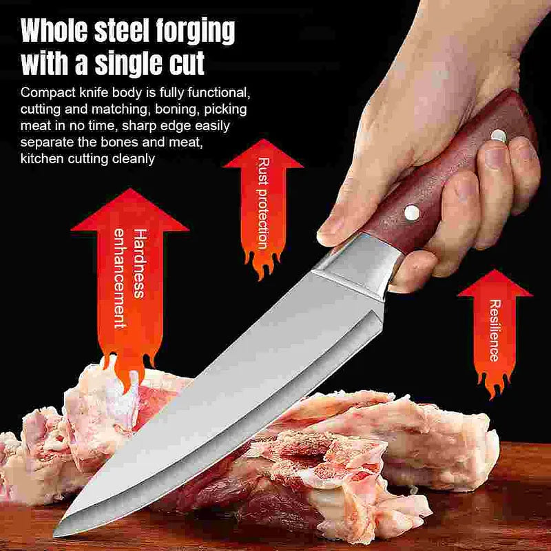 Close-up of kitchen knife with wood-grain-look handle