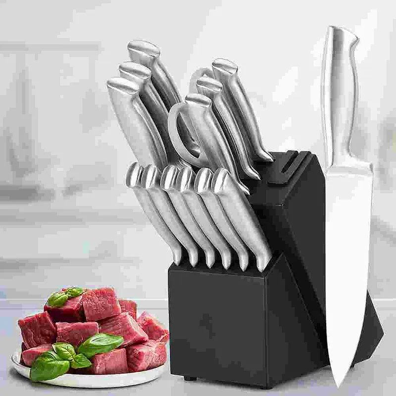 Black 14-Piece Kitchen Knife Set with Sharpener