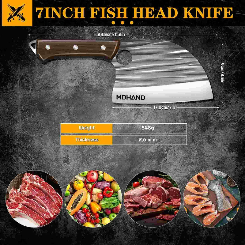 MDHAND Fish Head Knife with Striped Black Handle – Gift Box