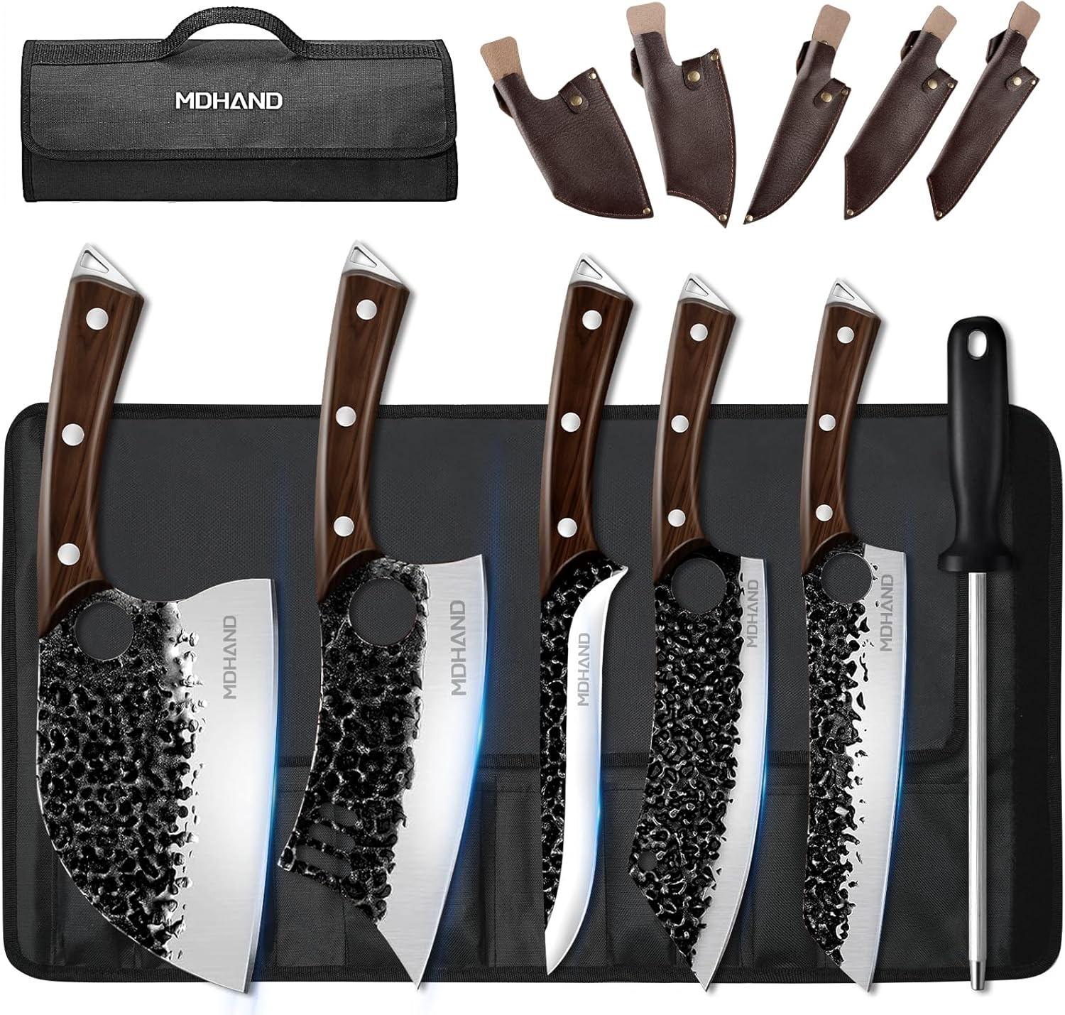 6-Piece Hammered Butcher Knife Set with Nylon Storage Bag,Meat Cleaver & Boning Knife for Brisket Trimming BBQ Camping, Gift for Men