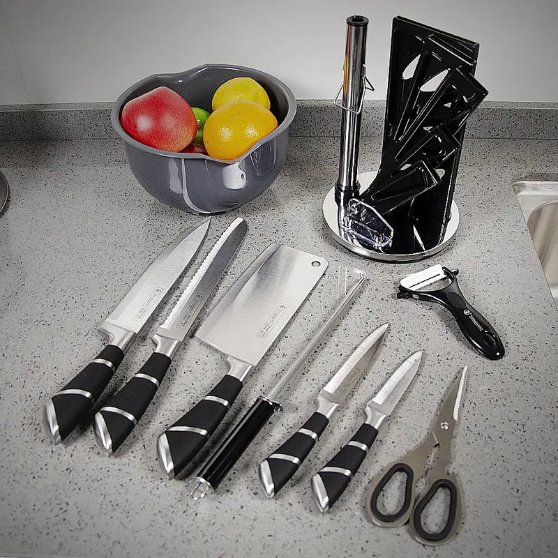 9-Piece Hollow Handle Kitchen Knife Set with Fan Rack